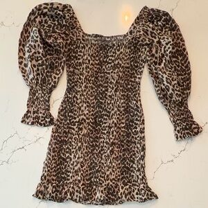 GANNI Leopard Print Smocked Puff Sleeve Long Sleeve Mini Dress Size 42 / Size XL
